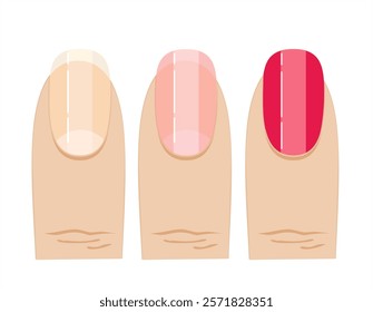 Close up of woman’s fingers with with red and  pink polish and finger with French Professional Manicure. Beauty treatment. Vector illustration