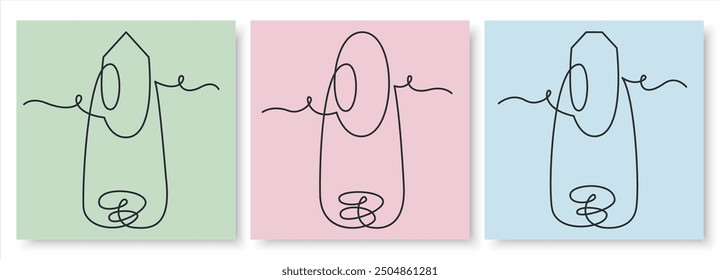 Nahaufnahme von Fingern mit Felsspitze, abgerundete und trapezförmige Nagelformen. Einfachheit, Vektorgrafik. Kontinuierliche Strichzeichnung. Monoline Einfachheit Design. Vektorschönheitsdesign.