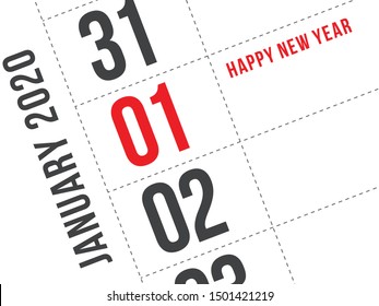Close up of first day of the year 2020 on diary calendar. New year is the first day of the year in the Gregorian calendar.