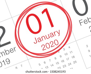 Close up of first day of the year 2020 on diary calendar. New year is the first day of the year in the Gregorian calendar.