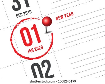 Close up of first day of the year 2020 on diary calendar. New year is the first day of the year in the Gregorian calendar.