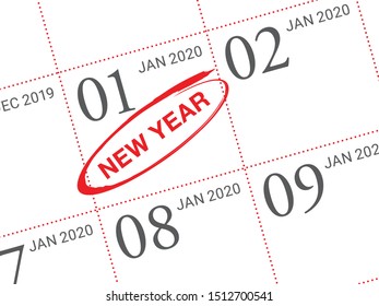 Close up of first day of the year 2020 on diary calendar. New year is the first day of the year in the Gregorian calendar.