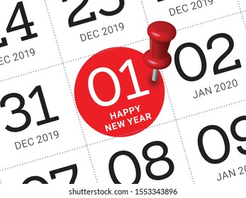 Close up of first day of the year 2020 on diary calendar. New year is the first day of the year in the Gregorian calendar.