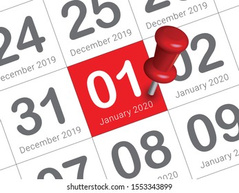 Close up of first day of the year 2020 on diary calendar. New year is the first day of the year in the Gregorian calendar.