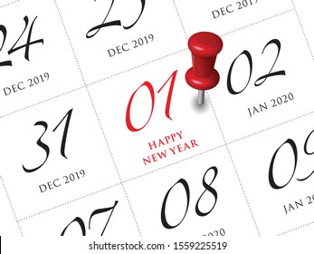 Close up of first day of the year 2020 on diary calendar. New year is the first day of the year in the Gregorian calendar.