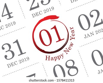 Close up of first day of the year 2020 on diary calendar. New year is the first day of the year in the Gregorian calendar.