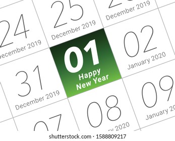 Close up of first day of the year 2020 on diary calendar. New year is the first day of the year in the Gregorian calendar.