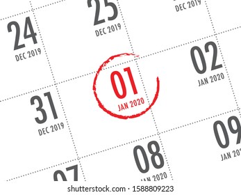 Close up of first day of the year 2020 on diary calendar. New year is the first day of the year in the Gregorian calendar.