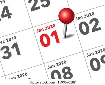 Close up of first day of the year 2020 on diary calendar. New year is the first day of the year in the Gregorian calendar.