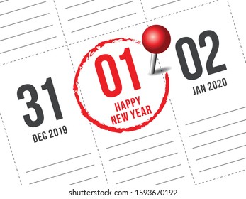 Close up of first day of the year 2020 on diary calendar. New year is the first day of the year in the Gregorian calendar.