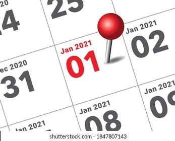 Nahaufnahme des ersten Tages des Jahres 2021 auf Tagebuchkalender, einfache und saubere Design-Vektorgrafik. 
