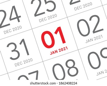 Nahaufnahme des ersten Tages des Jahres 2021 auf Tagebuchkalender, einfache und saubere Design-Vektorgrafik. 

