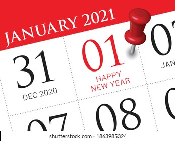 Cierre del primer día del año 2021 en calendario diario, simple y limpio vector de diseño. 
