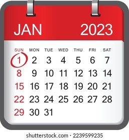 Close up of first day of the year 2023 on calendar. New year is the first day of the year in the Gregorian calendar.