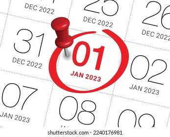 Cierre del primer día del año 2023 en calendario diario, simple y limpio vector de diseño. 
