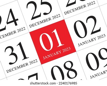 Close up of first day of the year 2023 on diary calendar, simple and clean design vector. 
