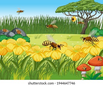 Close up flowers and leaves scene with many bees illustration
