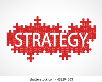 Close up of four people hands with puzzle making strategy word