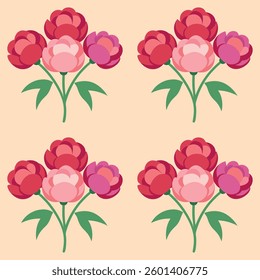 A close up of four red flowers with green stems. The flowers are arranged in a square pattern