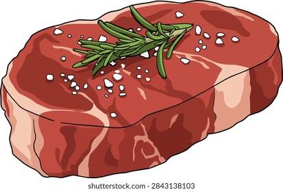 Close up of a fresh raw beef steak seasoned with coarse sea salt and garnished with a green rosemary sprig presented on a clean white surface A classic culinary ingredient
