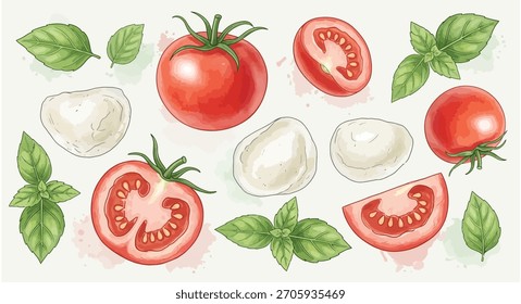 Primer plano de tomates frescos, hojas de albahaca y queso mozzarella ingredientes para la ensalada caprese