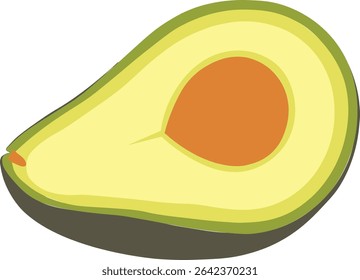 Perto de uma Meia de Abacate Freshly Cut. Uma imagem de alta qualidade, perto de uma metade de abacate perfeitamente cortada, apresentando a pele verde vibrante e polpa amarela cremosa, e uma semente marrom.
