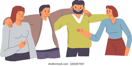Close friends or family members, isolated male and female characters talking and communicating. Interacting man and women, friendship and bonding. People holding and hugging. Vector in flat style