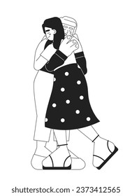 Close friends hugging monochromatic flat vector characters. Friendship. Girls spending time together. Editable thin line full body people on white. Simple bw cartoon spot image for web graphic design