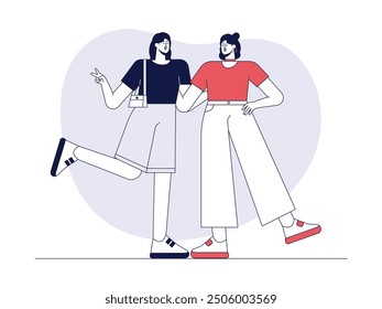 Amistad cercana entre dos mujeres jóvenes, estilo de contorno, Ilustración vectorial.