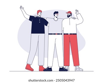 The close friendship of three boys, outline style, vector illustration.