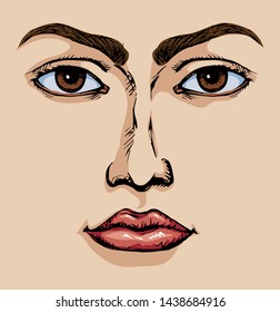 Close front view light pink smile make up backdrop. Freehand outline black ink hand drawn sense element part logo icon sign pictogram design sketchy in retro art doodle engrave print style on paper