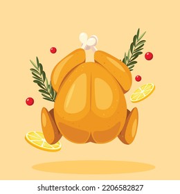 Close up Front View Whole Roasted Turkey Bird with Lemon Sliced, Rosemary and  Berry Vector Illustration | Roasted Chicken Bird| Flat Design Isolated | Thanksgiving Day | Thanksgiving Dinner Meal 