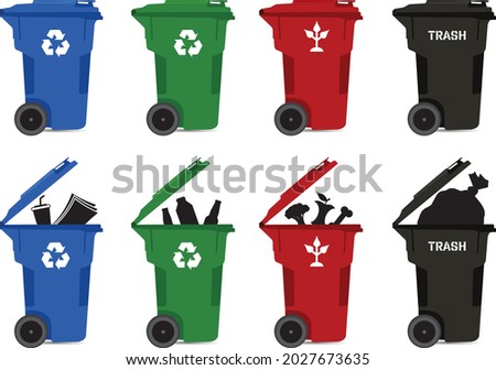Close and full recycle organic and trash waste bin icon set illustration
