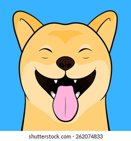 Close up Funny Cartooned Face of a laughing Shiba Inu Dog with Tongue Out Isolated on a Light Blue Background.