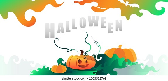 Cierre de la graciosa calabaza naranja parado sobre humo verde aislado sobre fondo blanco con espacio para la publicidad. Feliz Halloween, concepto de fiestas y vacaciones de otoño. Ilustración del vector