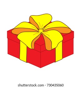 Close gift box with bow sign. Image of elegant present. Beautiful colorful icon isolated on white background. Surprise symbol. Logo for holiday, celebration. Mark of decoration for gift. Stock vector
