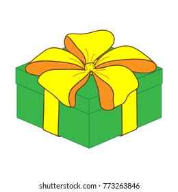 Close gift box with bow sign. Surprise symbol. Image of elegant present. Beautiful color icon isolated on white background. Logo for holiday, celebration. Mark of decoration for gift. Stock vector
