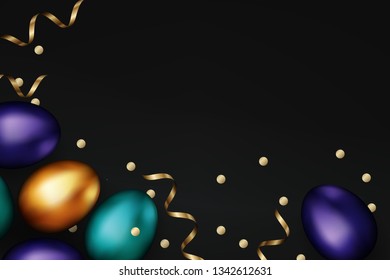 Close up of gold and color easter eggs on black background. Easter colorful eggs with golden serpentine and confetti. Easter template design, invitation background. Greeting card, vector