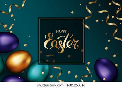 Close up of gold and color easter eggs on dark background. Easter colorful eggs with golden serpentine and confetti. Invitation background. Easter template design, greeting card, vector