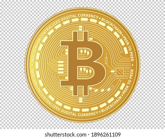 Close up of Golden Bitcoin isolated on background. Symbol of digital money coin. Gold metal coins. Virtual cryptocurrency. Electronic banking. concept vector illustration.