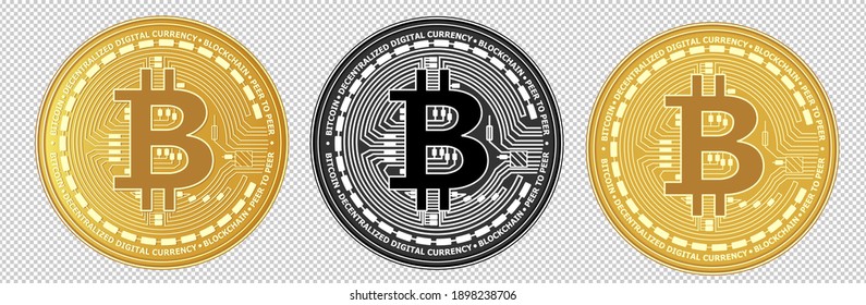 Close up of Golden Bitcoin isolated on background. Monotone symbol of digital money coin. Gold metal coins. Virtual cryptocurrency. Electronic banking. concept vector illustration.