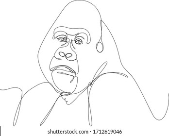 Close up of a gorilla's face. Savanna animals series. Continuous line vector illustration on white background.