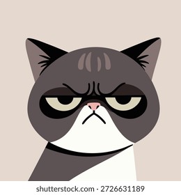 Um close de um gato cinzento com olhos estreitados e uma boca marota transmitindo um humor ranzinza.