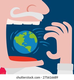 Close Up Of Greedy Businessman Throwing The World Planet  In To His Mouth