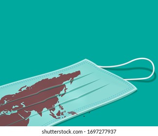 Nahaufnahme einer grünen medizinischen Gesichtsmaske mit rotem Porzellan und asia Karte. Schutzpatronen für chirurgische Eingriffe mit Blutfleck. medizinisches Gerät, Vektorgrafik.