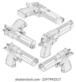 A close up of guns desert eagle, all of which are the same model. The guns are lined up in a square formation. Concept of uniformity and order. Isometric view. 3D