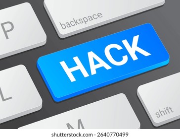 Close up Hack Button on Computer Keyboard with White Text for Cybersecurity Computer Interface and Technology Concept Illustration