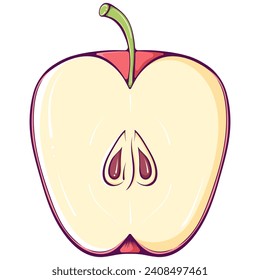 Close up half red apple. Ripe sweet summer fruit. Vector illustration in cartoon style isolated on white. Natural and healthy food