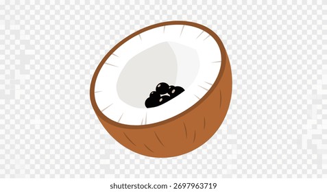 Primer plano de un coco cortado a la mitad que muestra el interior blanco, la cáscara marrón y las semillas negras.