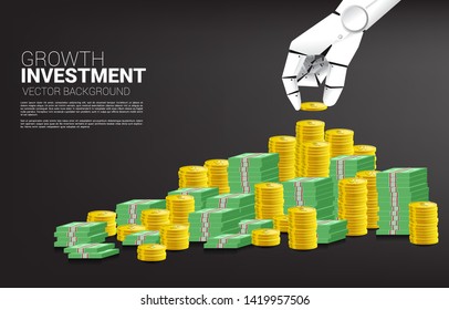 close up hand of businessman with coin and stack of golden coin and banknote. Concept of success investment and growth in business